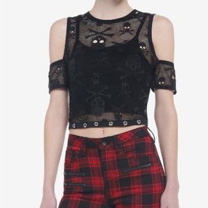Skull Fishnet Cold‎ Shoulder Crop Top Hot Topic Gothic Goth Witchy